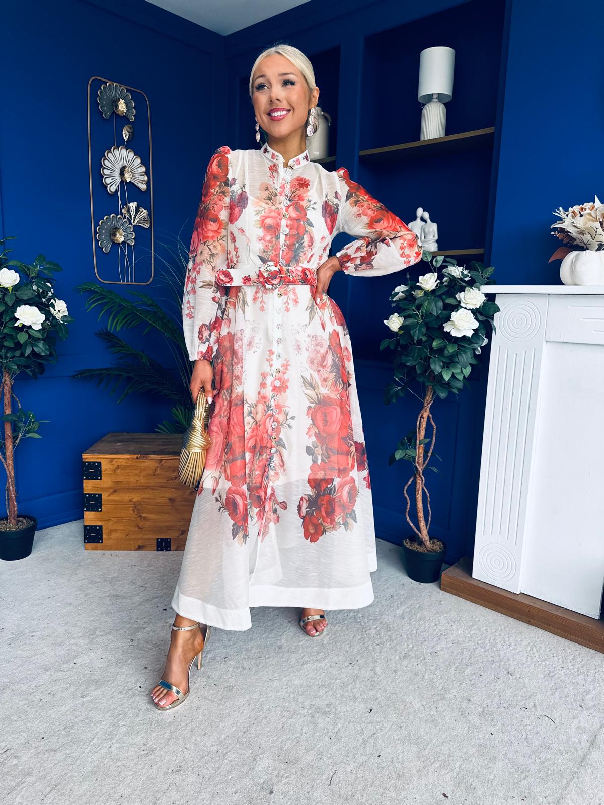 Rosalie Button Detail Midi Shirt Dress Floral Ruby