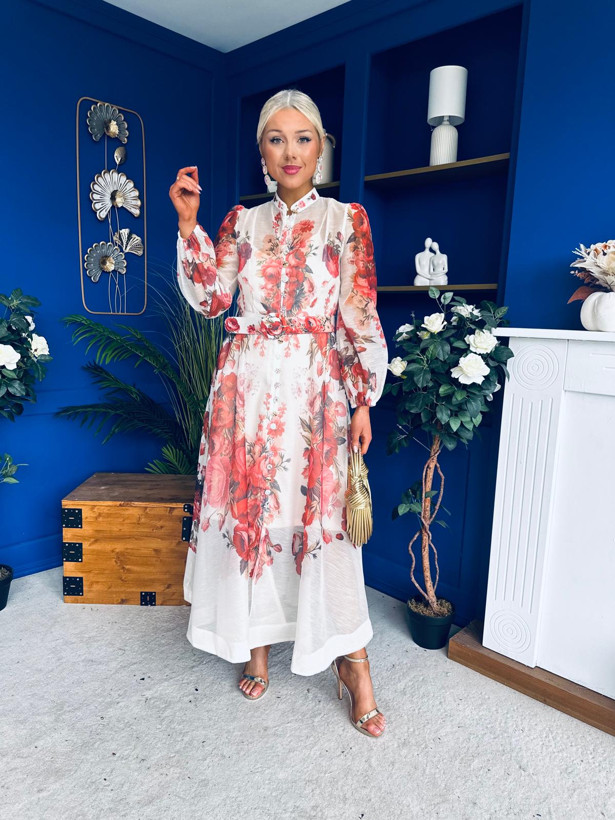 Rosalie Button Detail Midi Shirt Dress Floral Ruby