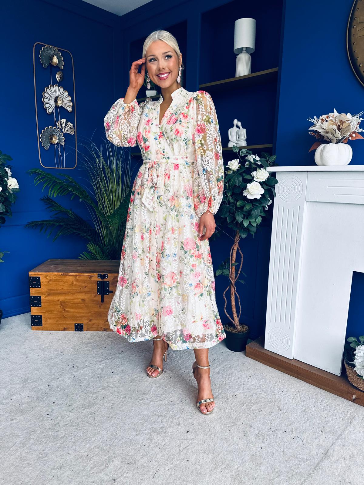 Gracie Detailed Midi Shirt Dress Floral Rose Cream
