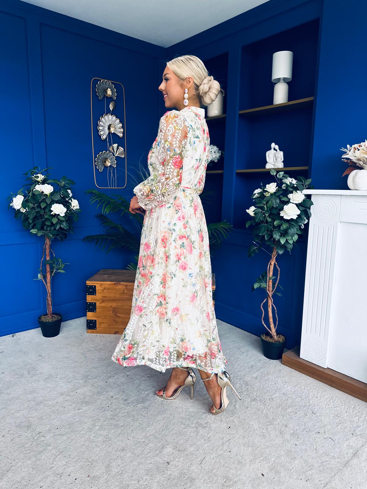 Gracie Detailed Midi Shirt Dress Floral Rose Cream