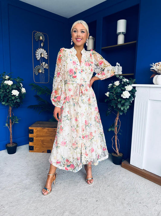 Gracie Detailed Midi Shirt Dress Floral Rose Cream