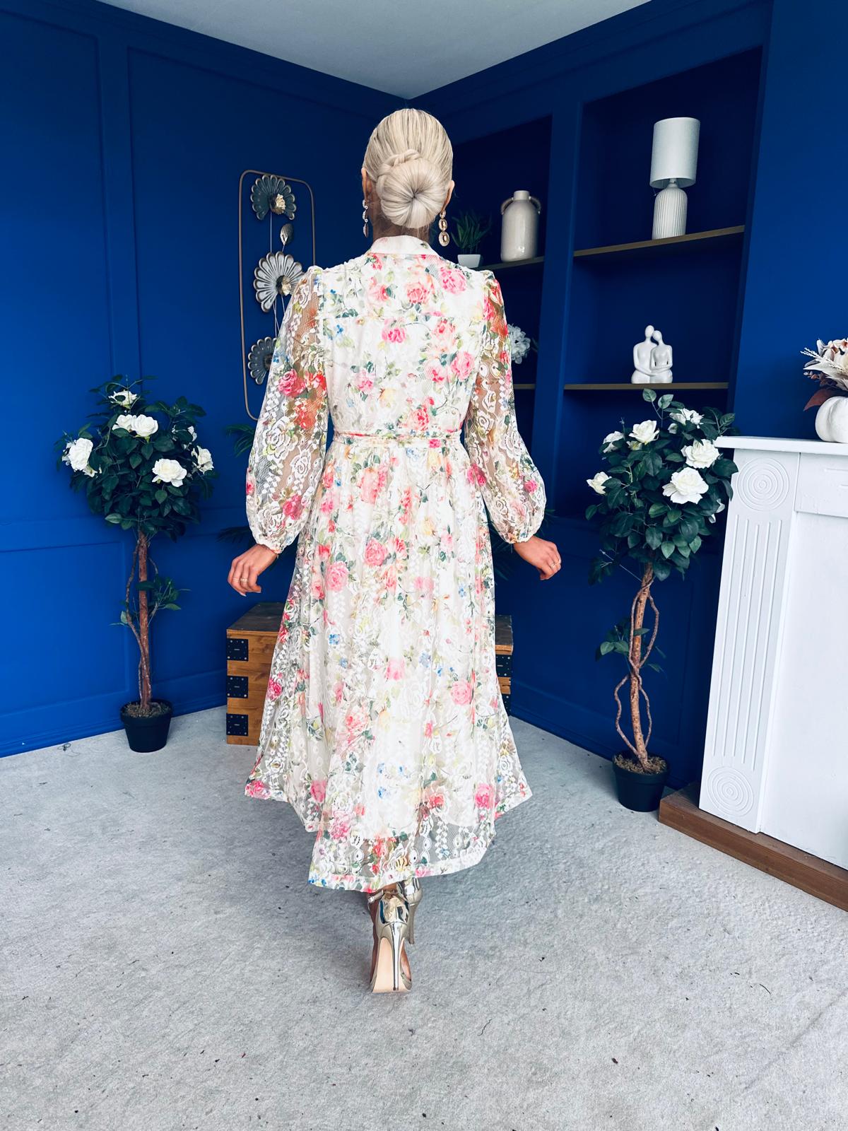 Gracie Detailed Midi Shirt Dress Floral Rose Cream