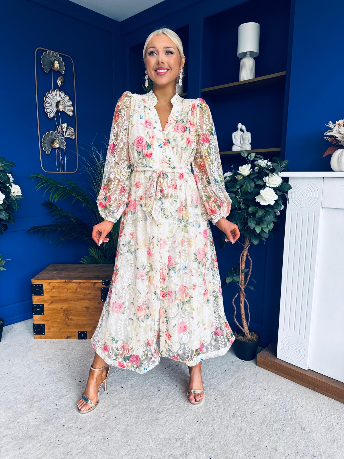Gracie Detailed Midi Shirt Dress Floral Rose Cream
