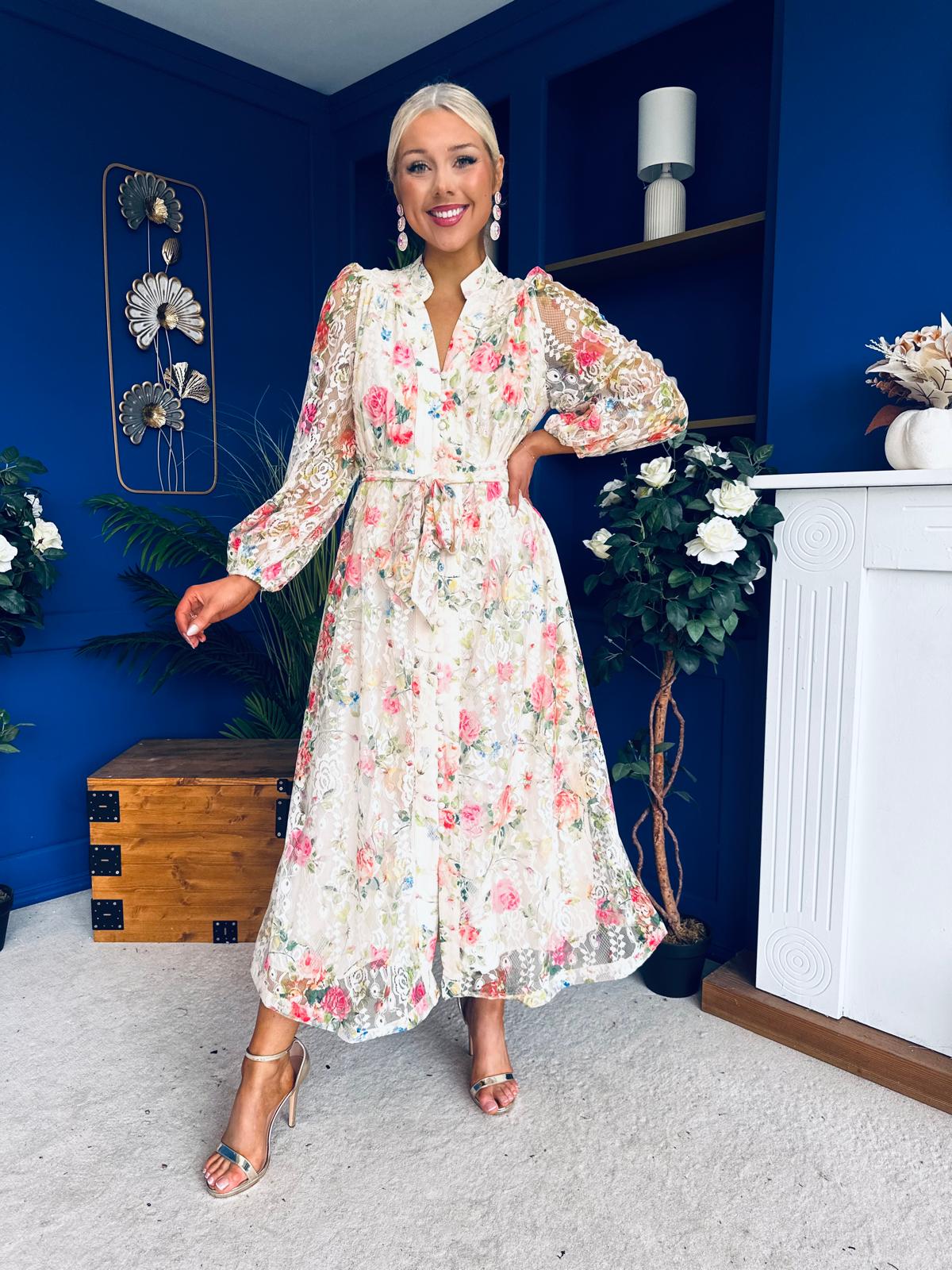 Gracie Detailed Midi Shirt Dress Floral Rose Cream