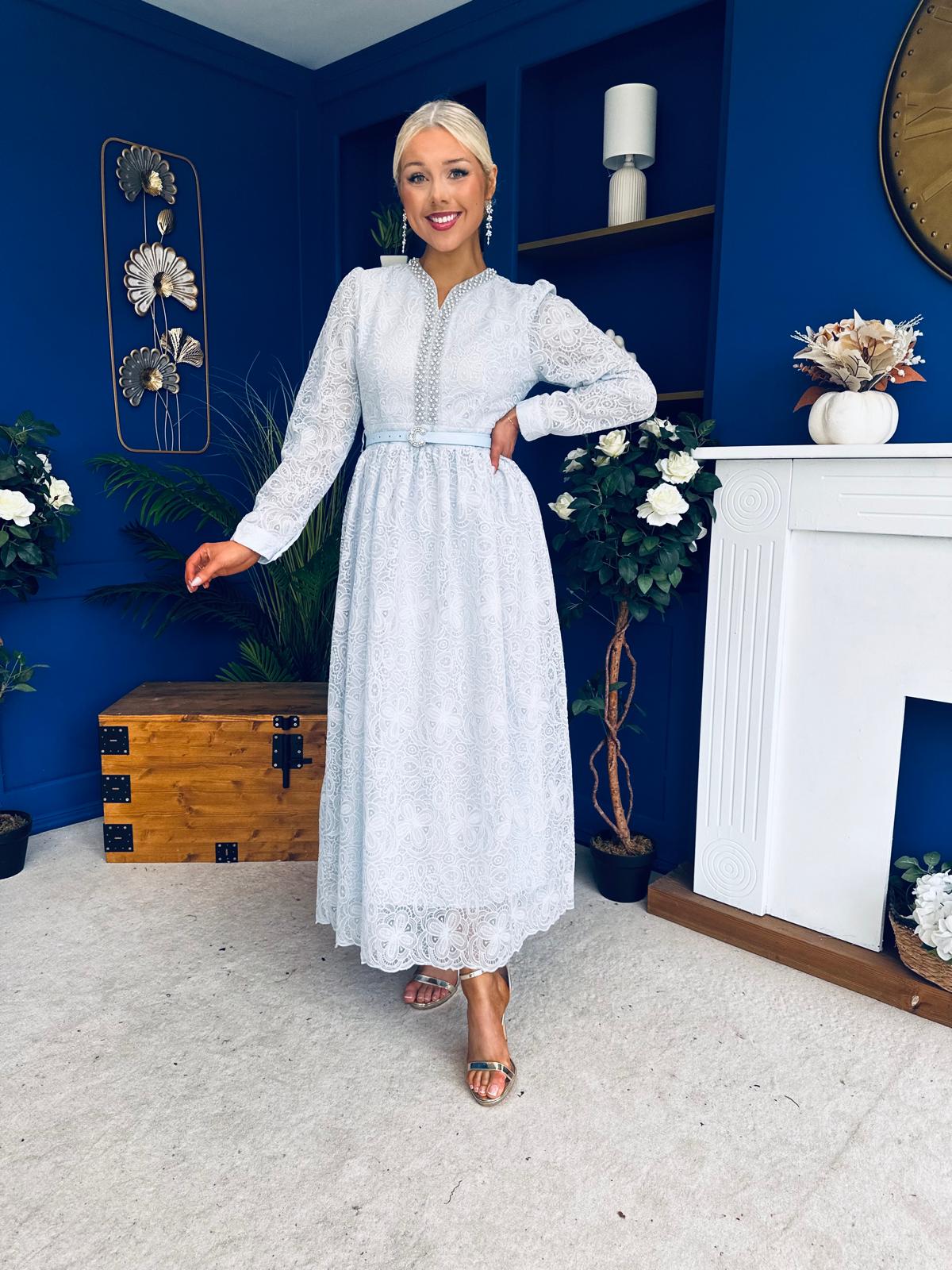 Ellie Crochet Detail Occasion Dress Pwr Blue