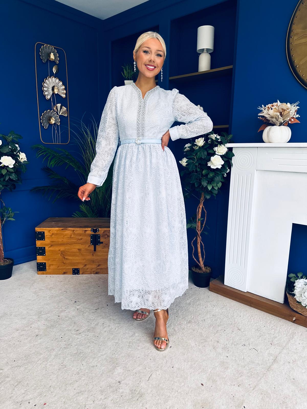 Ellie Crochet Detail Occasion Dress Pwr Blue