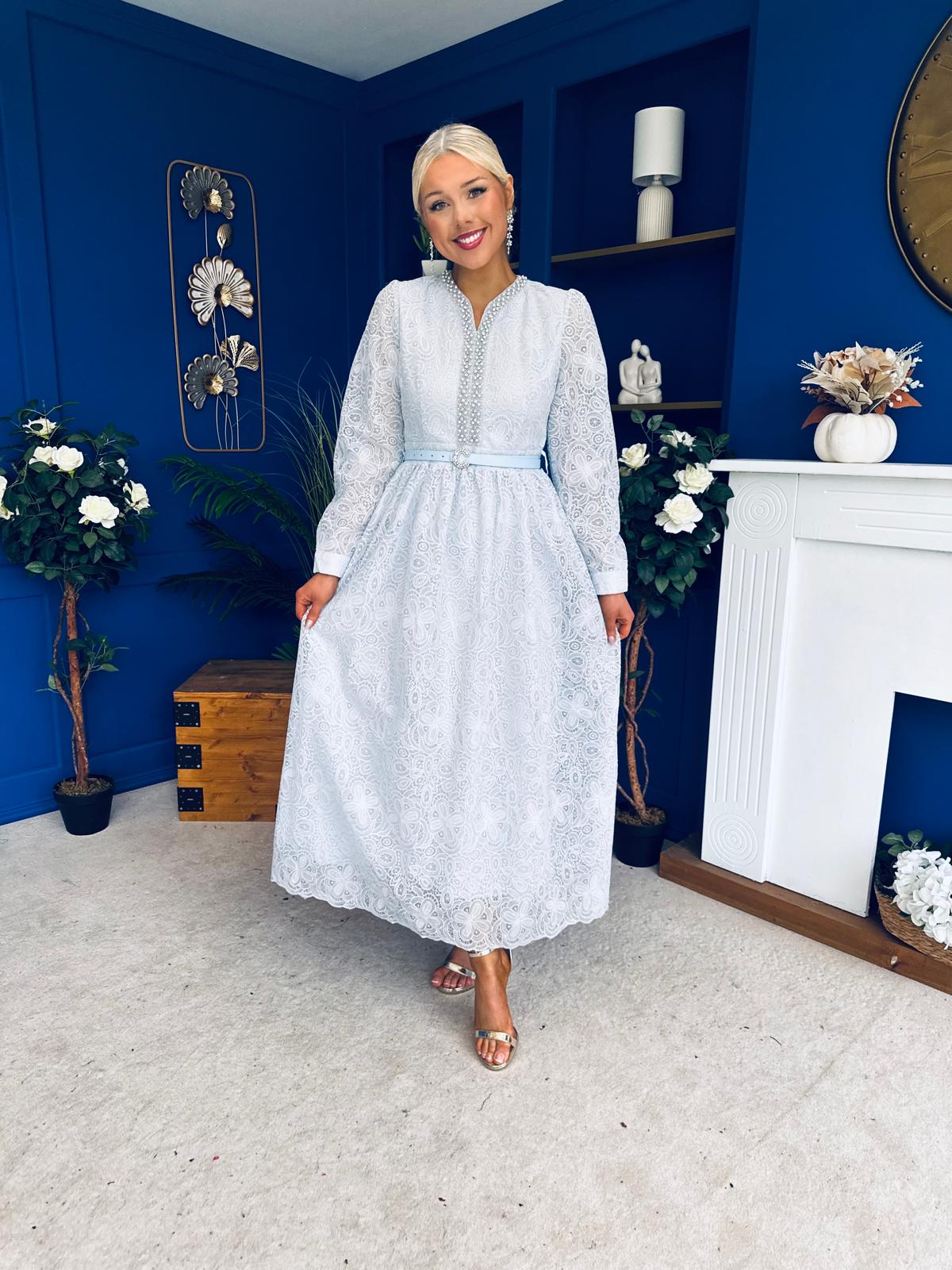 Ellie Crochet Detail Occasion Dress Pwr Blue