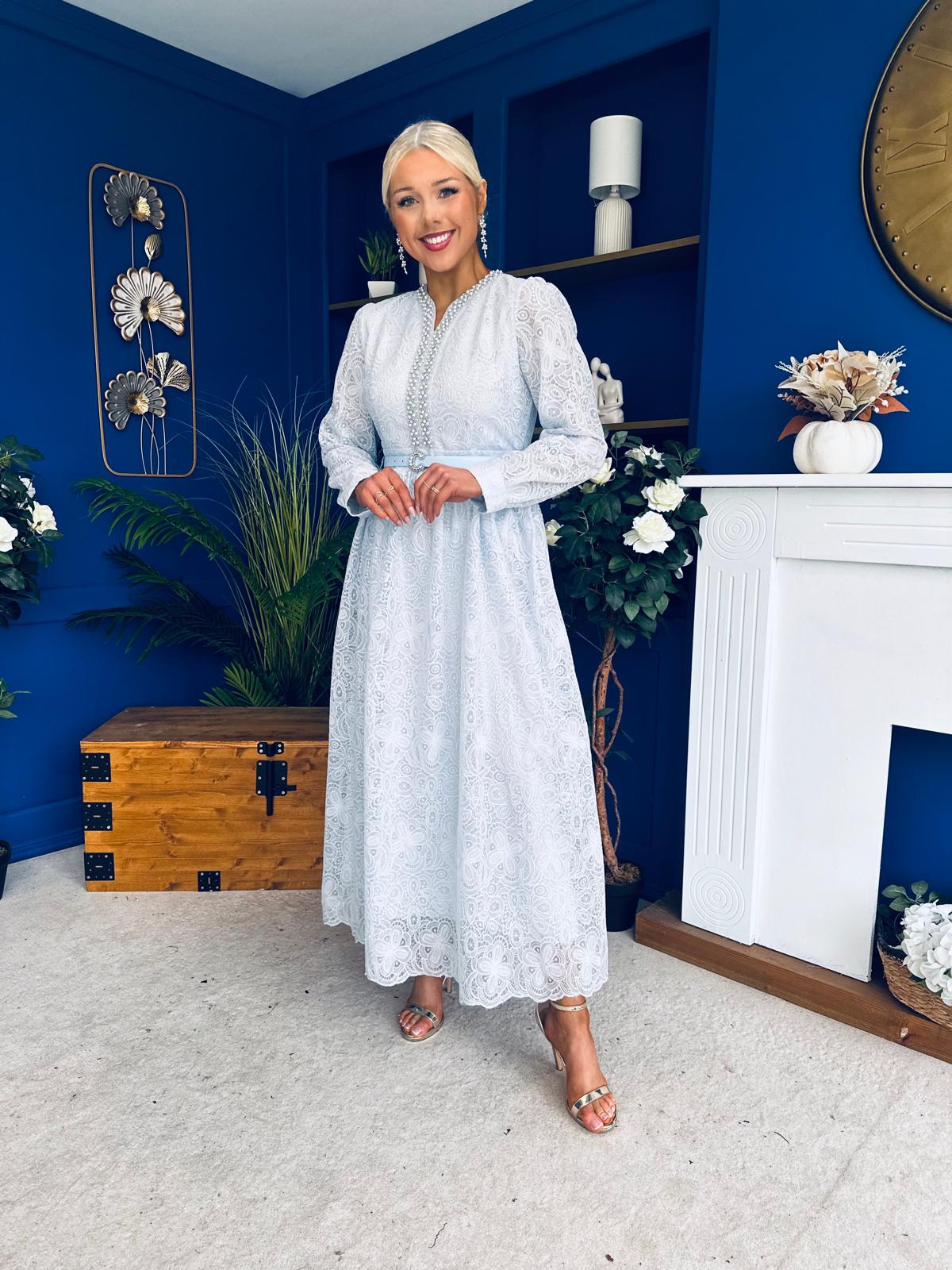 Ellie Crochet Detail Occasion Dress Pwr Blue