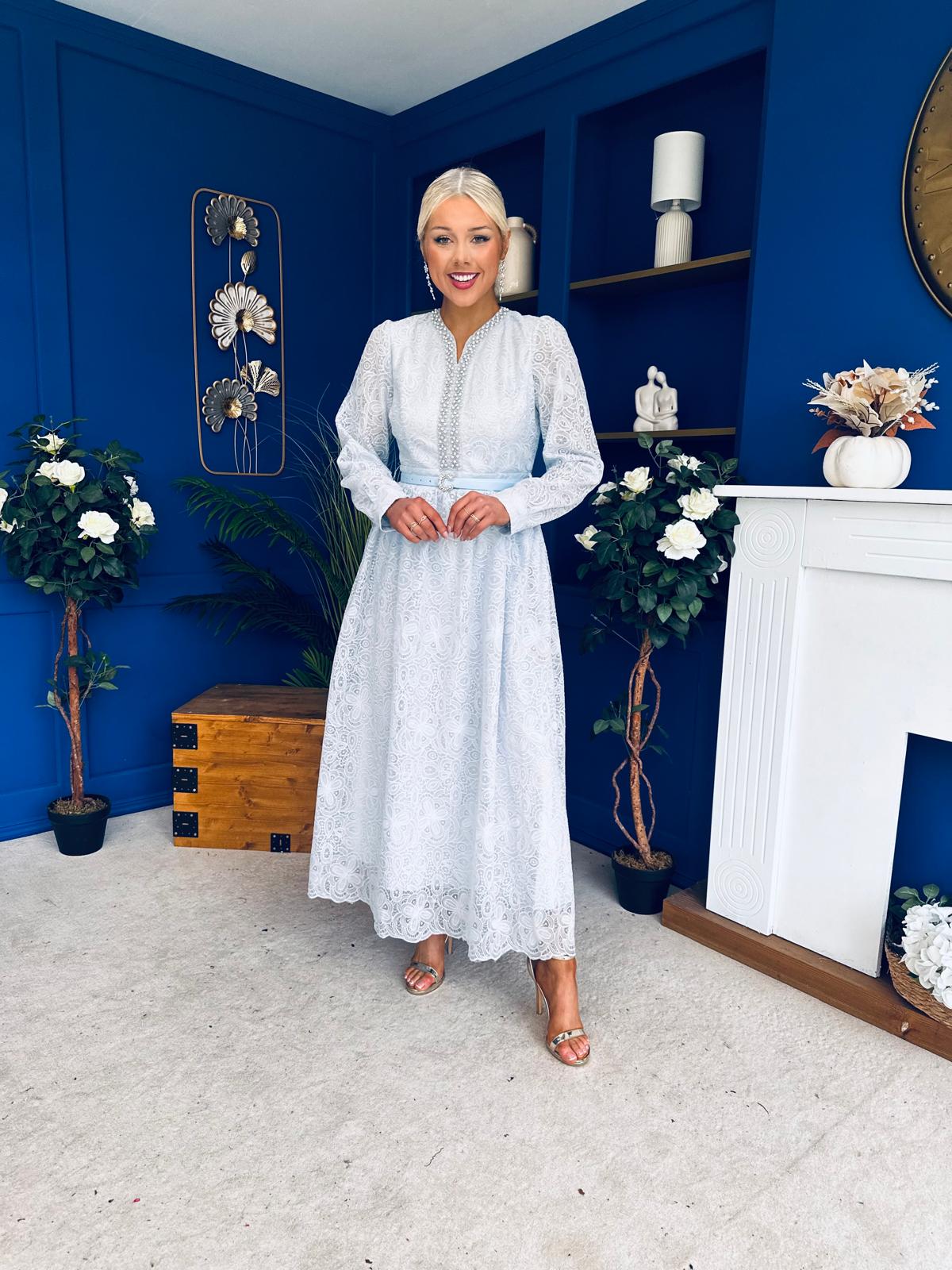 Ellie Crochet Detail Occasion Dress Pwr Blue