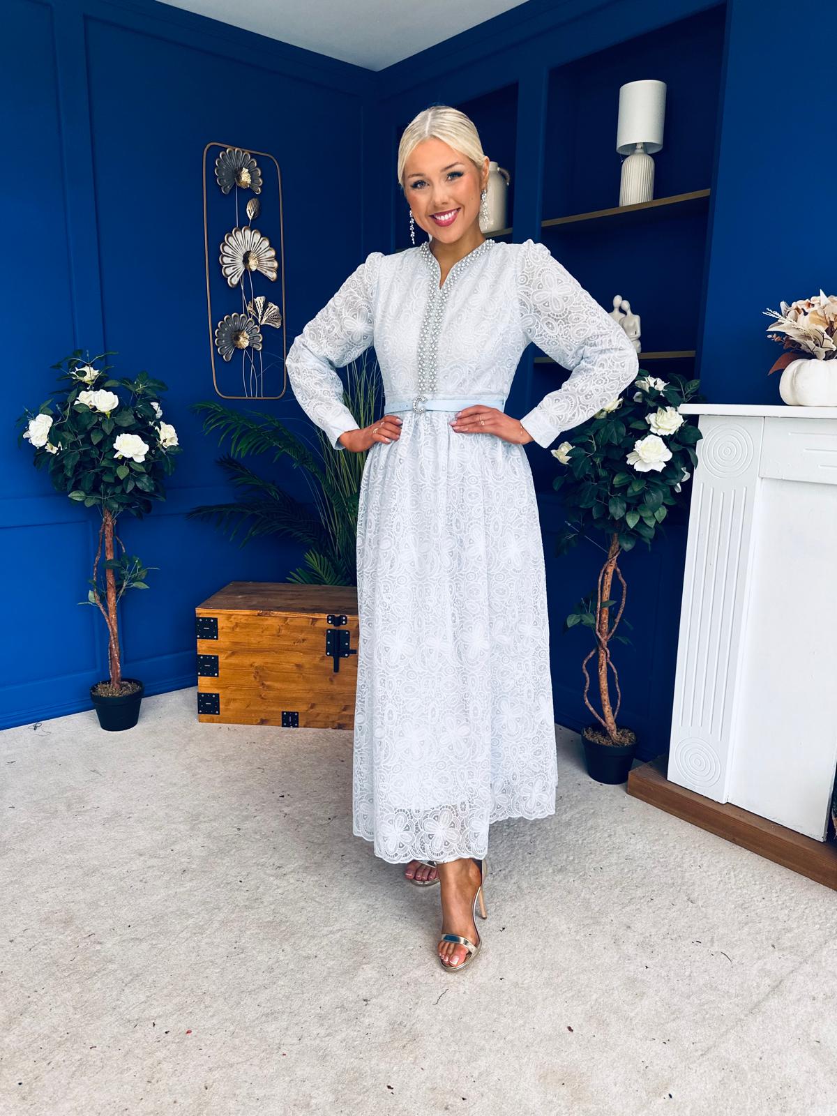 Ellie Crochet Detail Occasion Dress Pwr Blue