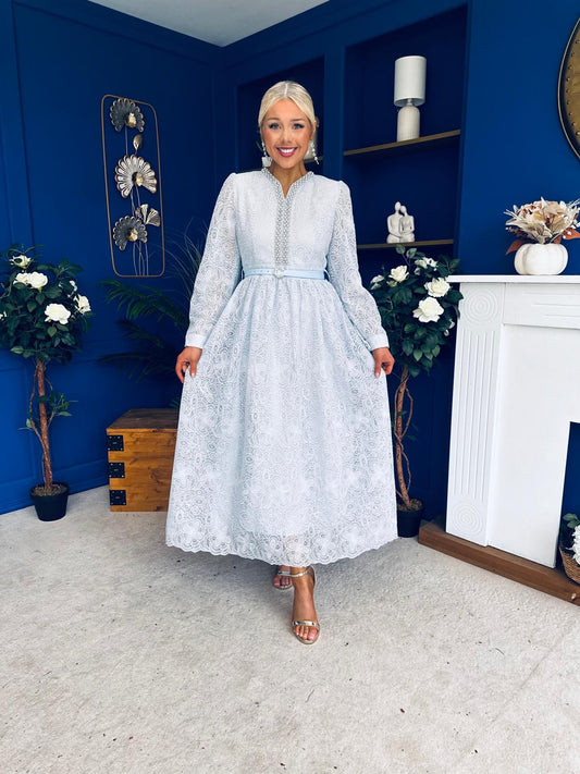 Ellie Crochet Detail Occasion Dress Pwr Blue