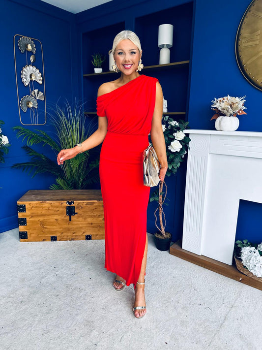 Regan Off The Shoulder Double Split Midi Dress Red