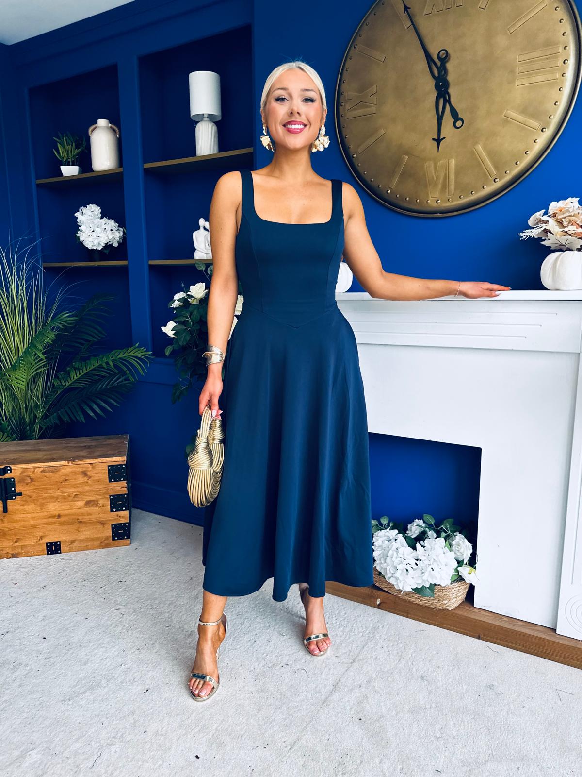 Kimber Square Neck A-line Midi Dress Navy