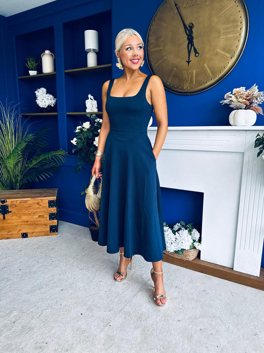 Kimber Square Neck A-line Midi Dress Navy