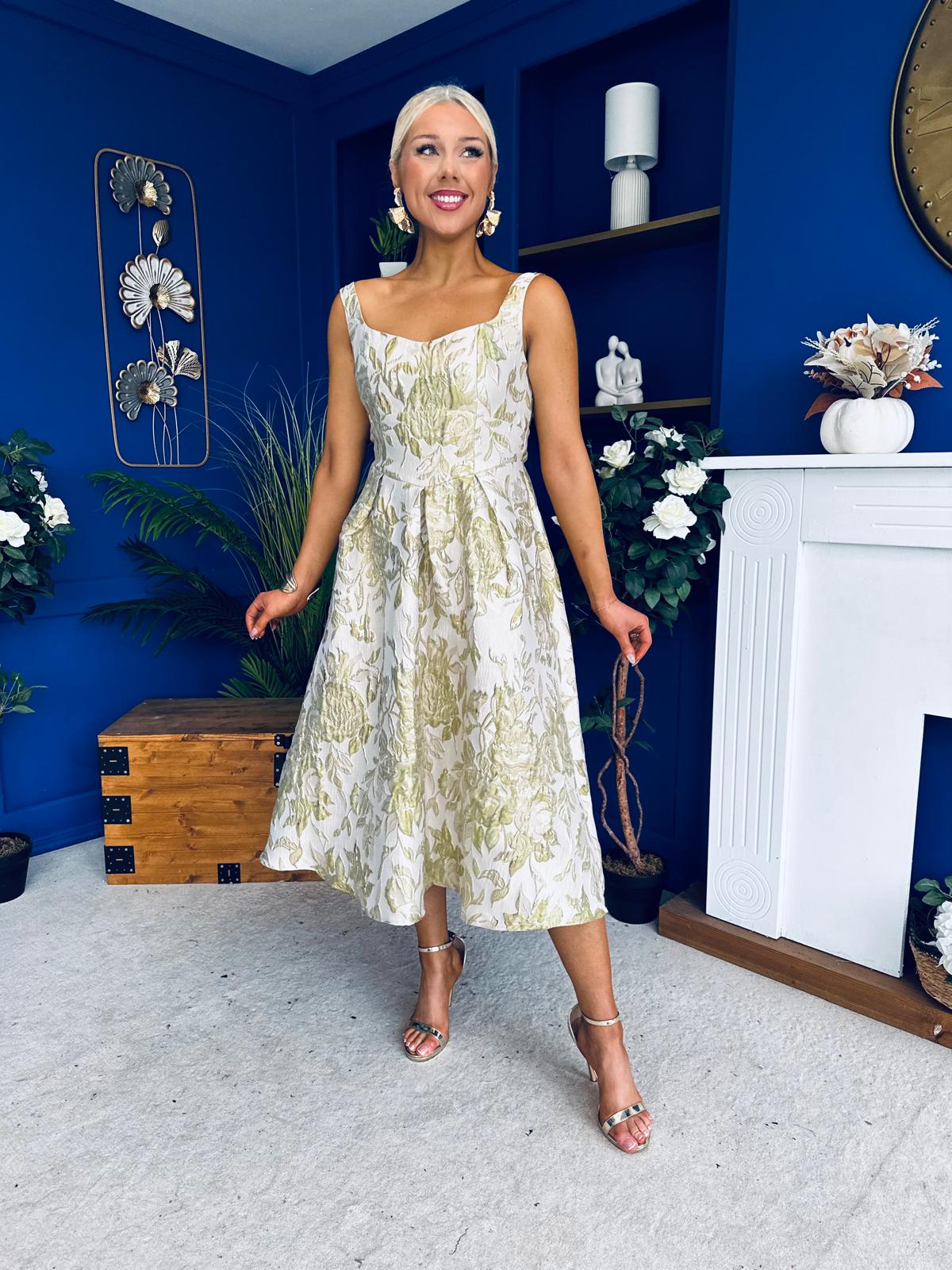 Camelia Sweetheart Neckline Midi Dress Jacquard Green
