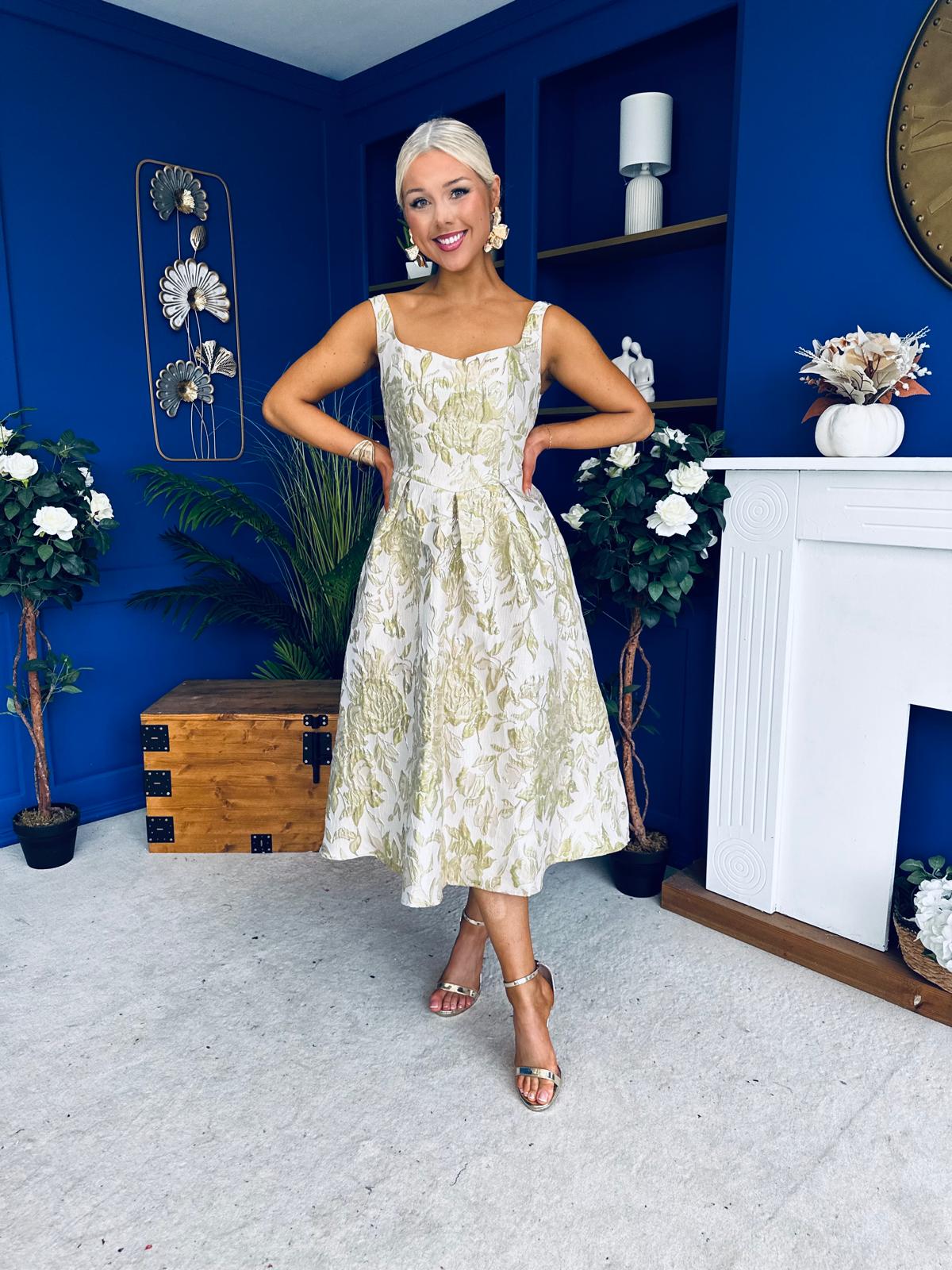 Camelia Sweetheart Neckline Midi Dress Jacquard Green