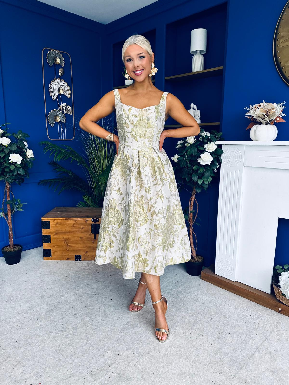 Camelia Sweetheart Neckline Midi Dress Jacquard Green