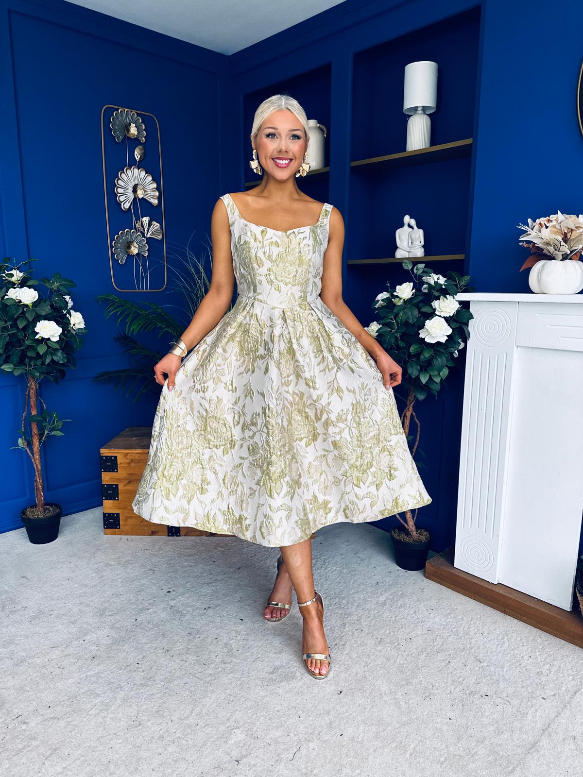 Camelia Sweetheart Neckline Midi Dress Jacquard Green