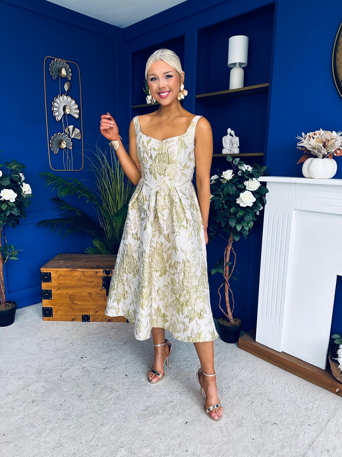 Camelia Sweetheart Neckline Midi Dress Jacquard Green Camelia Sweetheart Neckline Midi Dress Jacquard Green