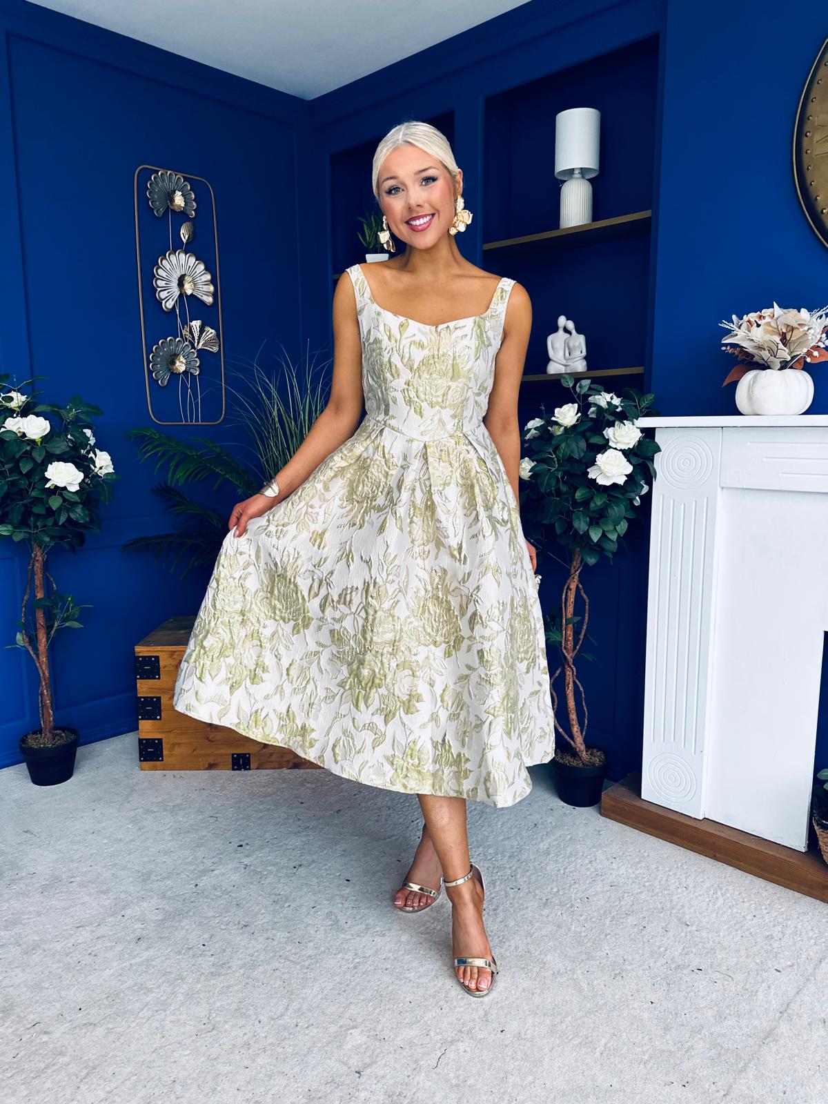 Camelia Sweetheart Neckline Midi Dress Jacquard Green