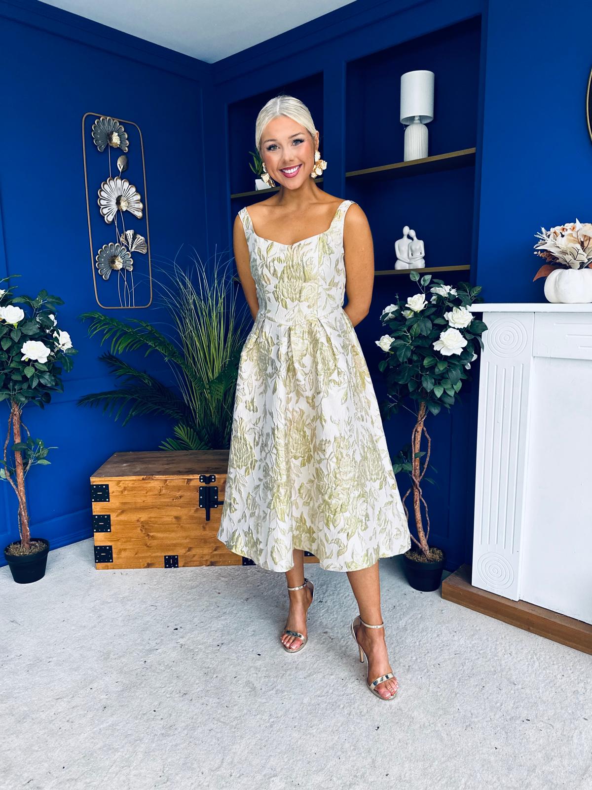 Camelia Sweetheart Neckline Midi Dress Jacquard Green
