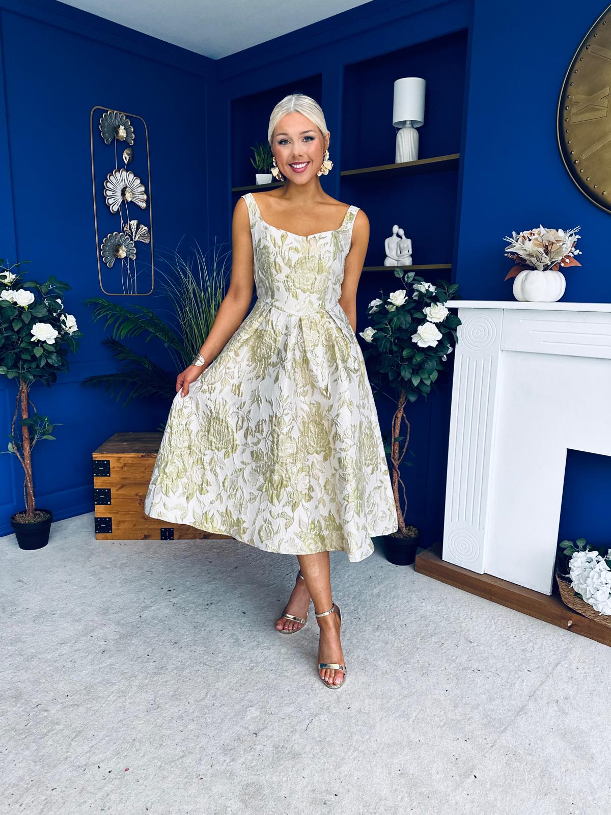 Camelia Sweetheart Neckline Midi Dress Jacquard Green