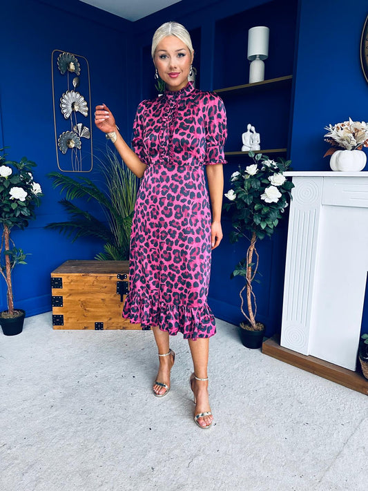Kirsty Ruffle Hem Midi Dress Pink Leopard
