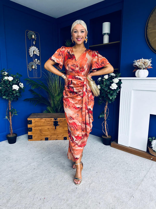 Drew Puff Sleeve Wrap Front Midi Dress Orange Abstract