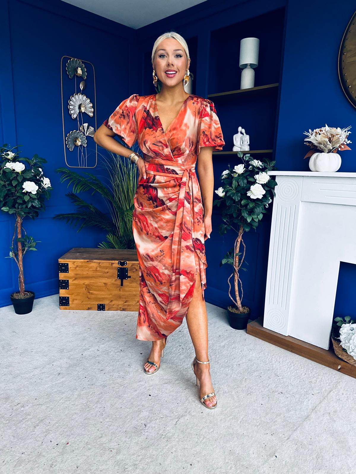 Drew Puff Sleeve Wrap Front Midi Dress Orange Abstract