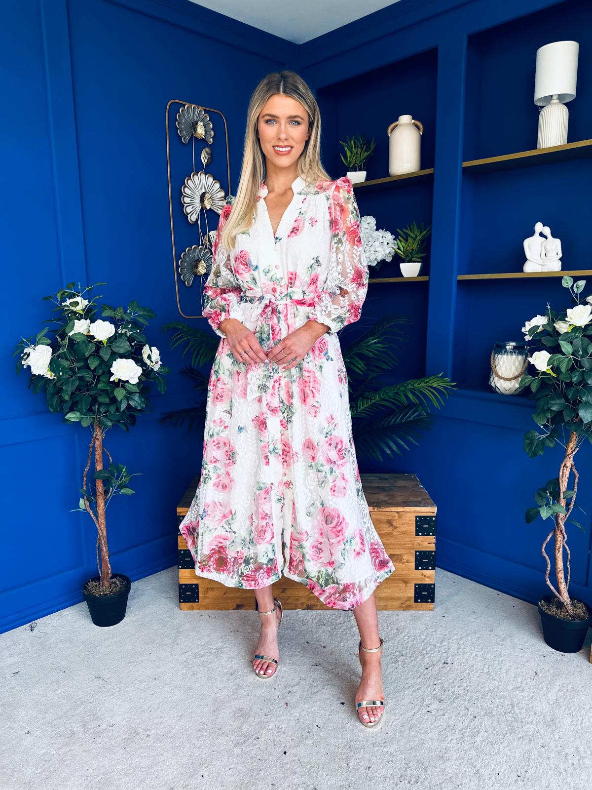 Gracie Detailed Midi Shirt Dress White & Pink Floral