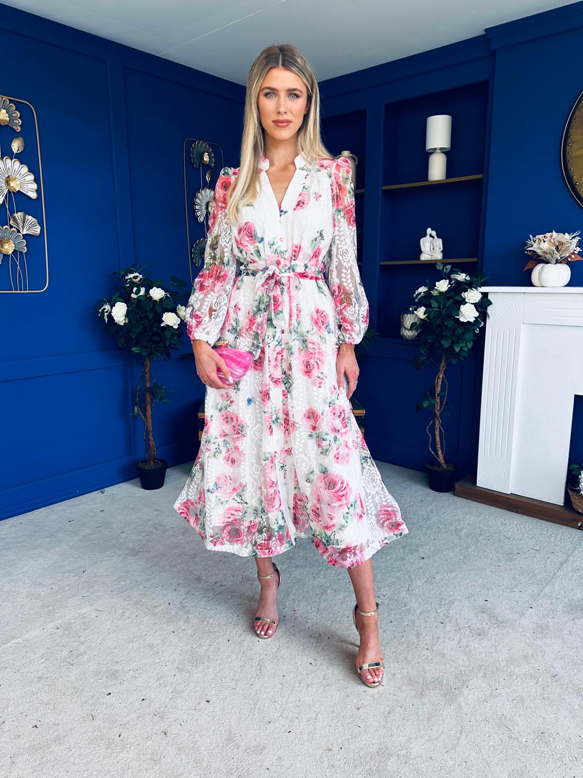 floral midi shirt dress Gracie Detailed Midi Shirt Dress White & Pink Floral – Canella Lane