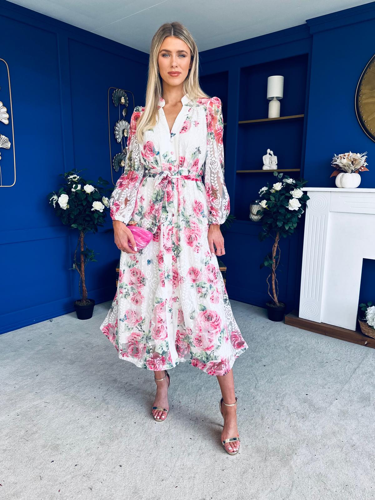 Gracie Detailed Midi Shirt Dress White & Pink Floral