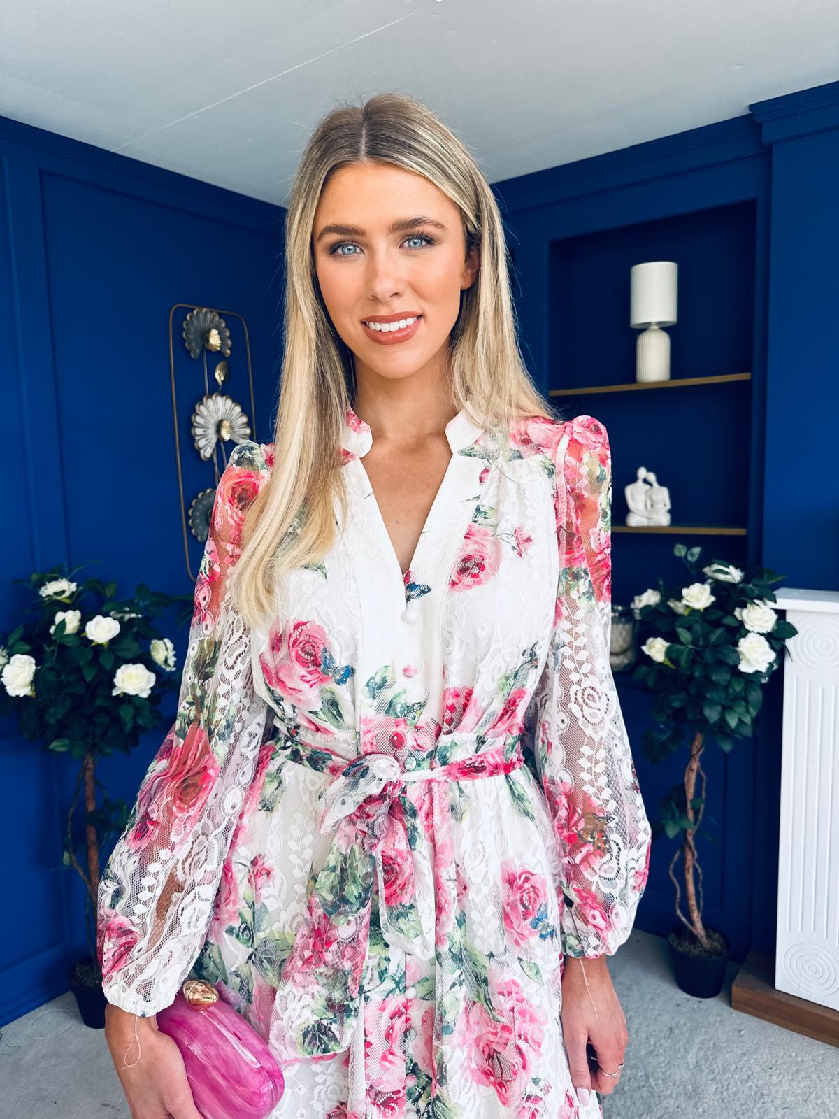 Gracie Detailed Midi Shirt Dress White & Pink Floral