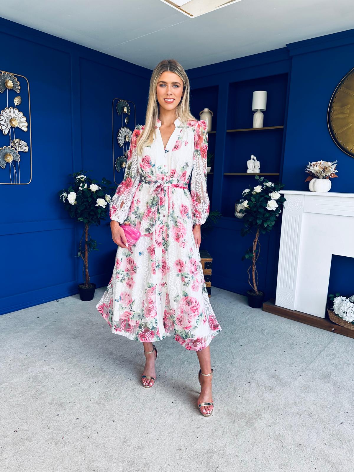 Gracie Detailed Midi Shirt Dress White & Pink Floral