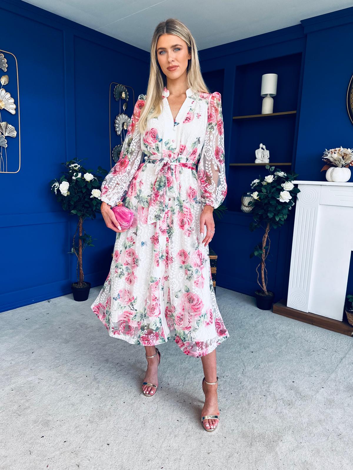 Gracie Detailed Midi Shirt Dress White & Pink Floral