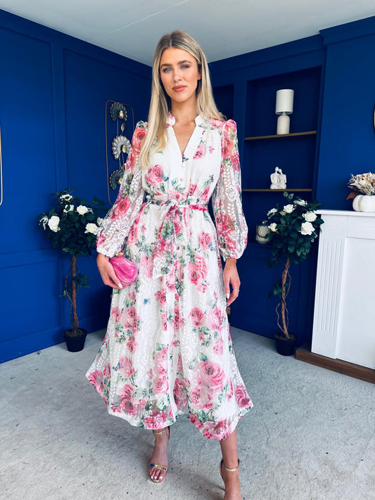 Gracie Detailed Midi Shirt Dress White & Pink Floral