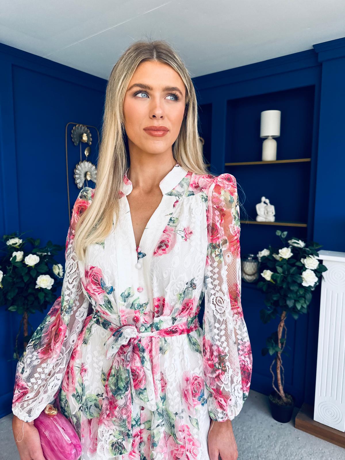 Gracie Detailed Midi Shirt Dress White & Pink Floral