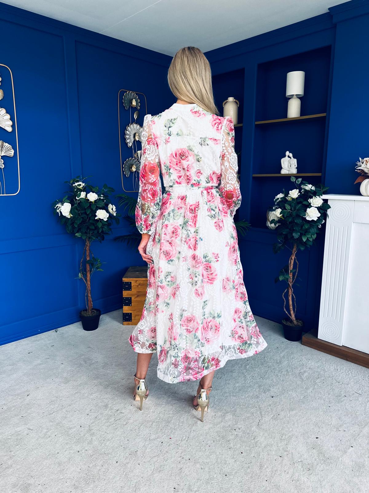 Gracie Detailed Midi Shirt Dress White & Pink Floral