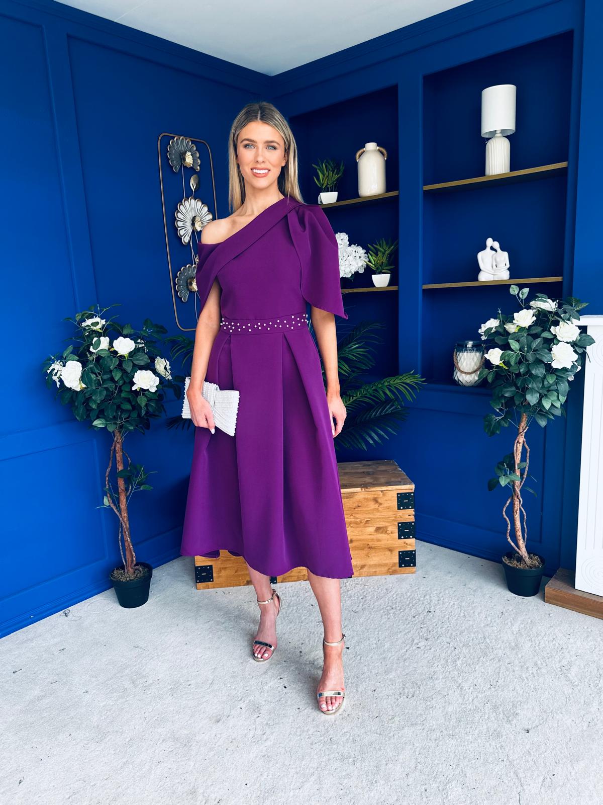 Aideen Pearl Detail Occasion Dress Plum