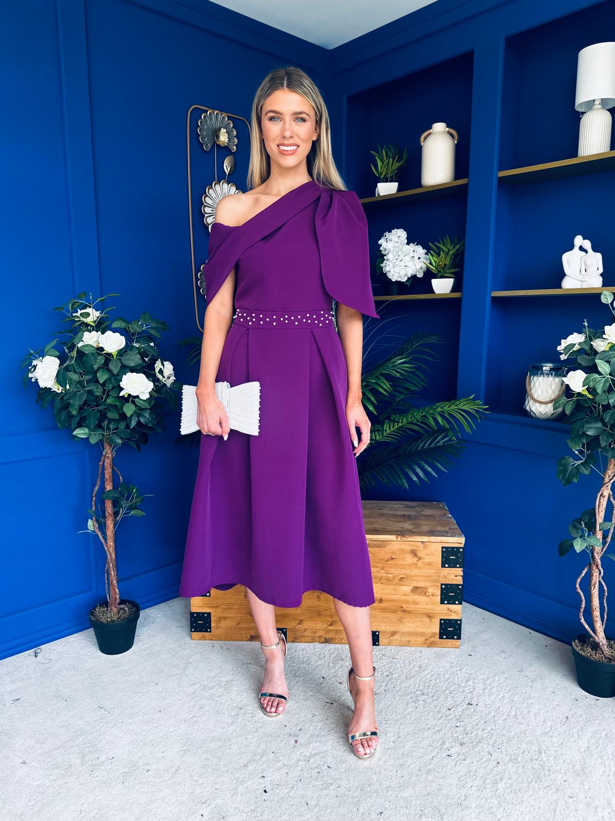 Aideen Pearl Detail Occasion Dress Plum