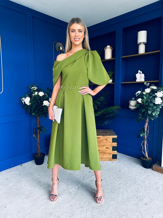 Aideen Pearl Detail Occasion Dress Olive