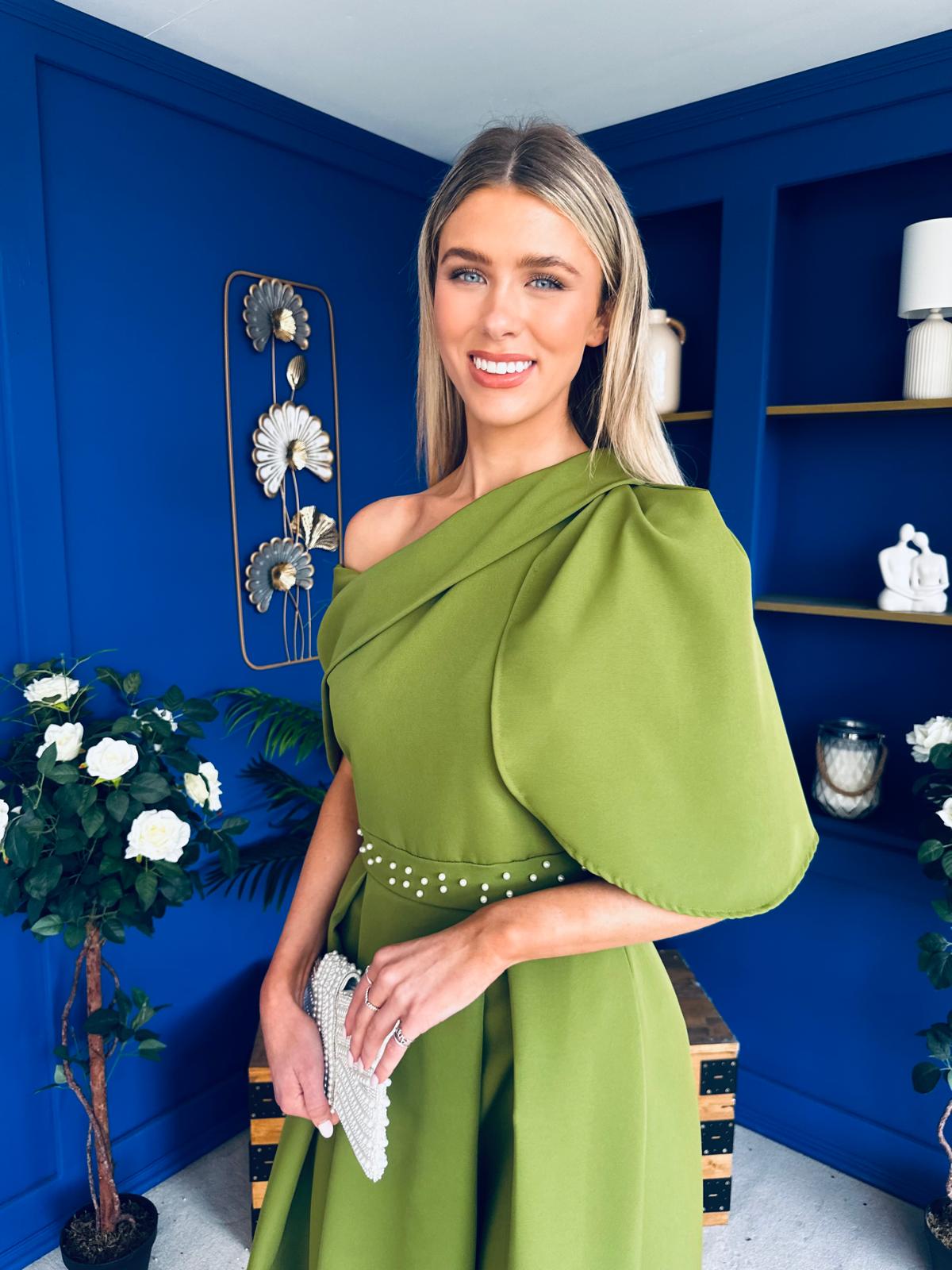 Aideen Pearl Detail Occasion Dress Olive