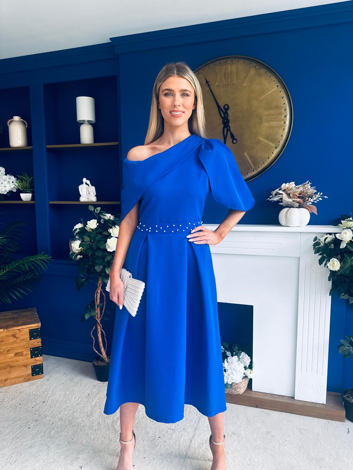 Aideen Pearl Detail Occasion Dress Cobalt