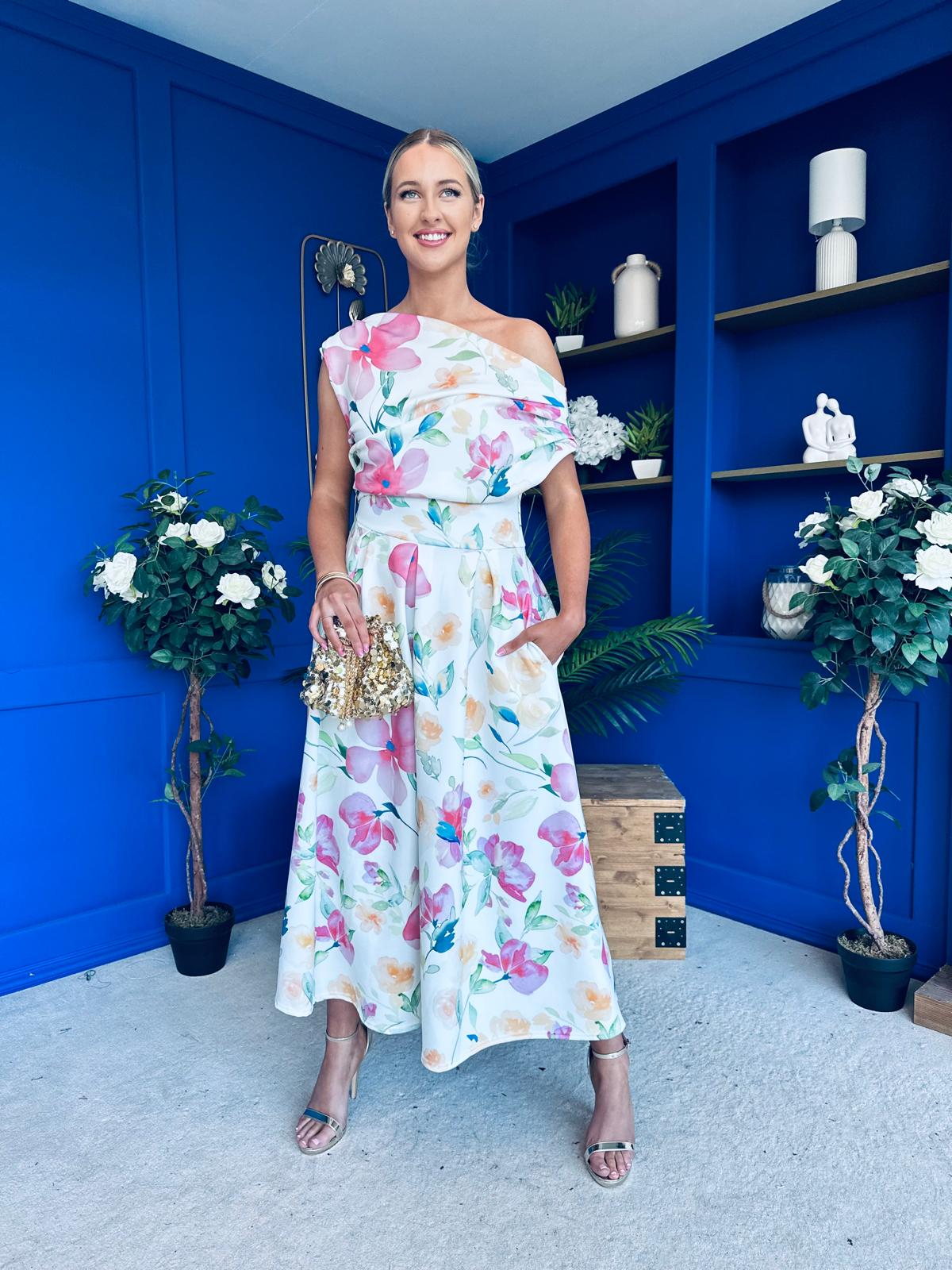 Breffy Asymmetric Neckline Skater Midi Floral Rose