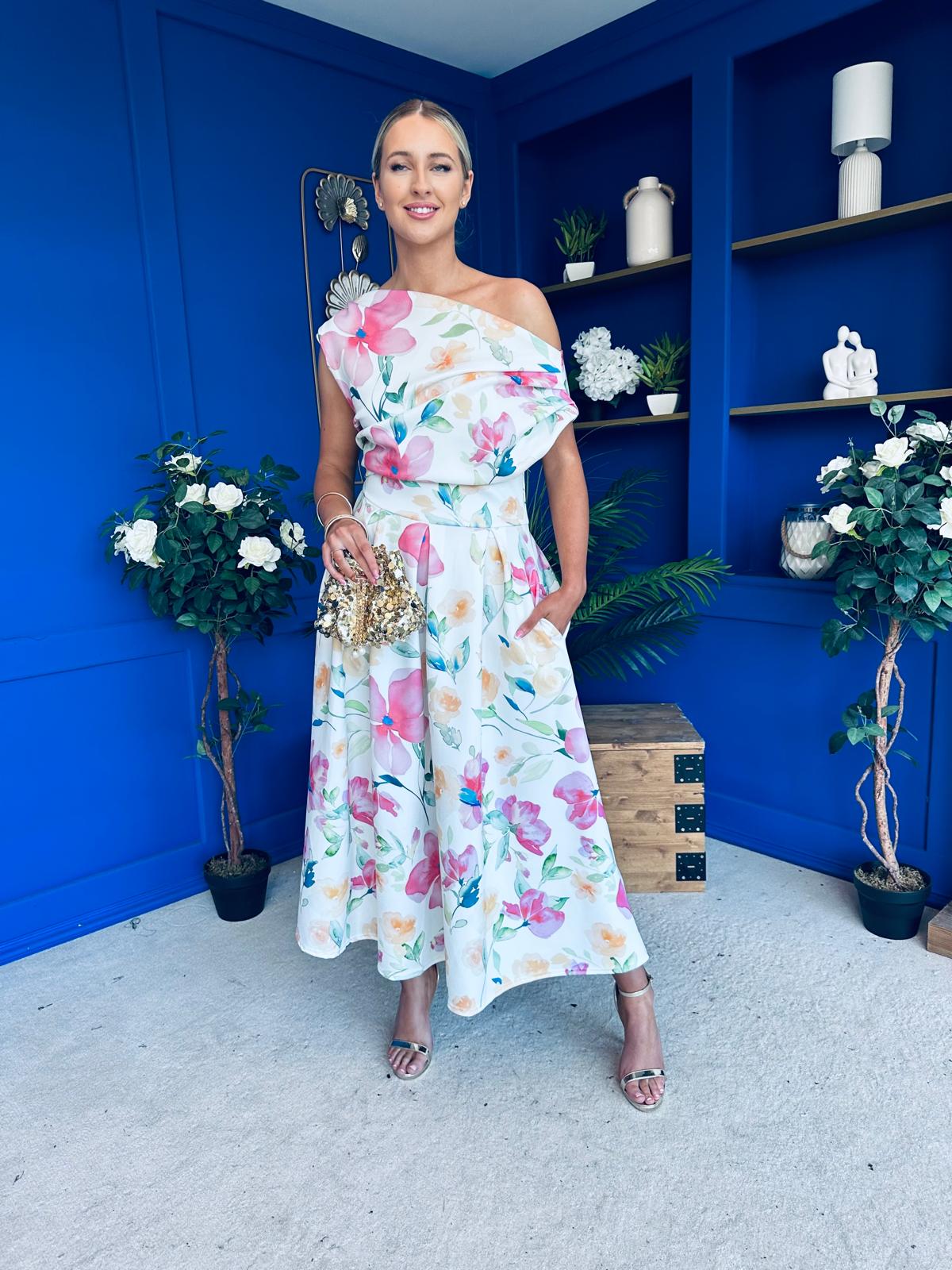 Breffy Asymmetric Neckline Skater Midi Floral Rose