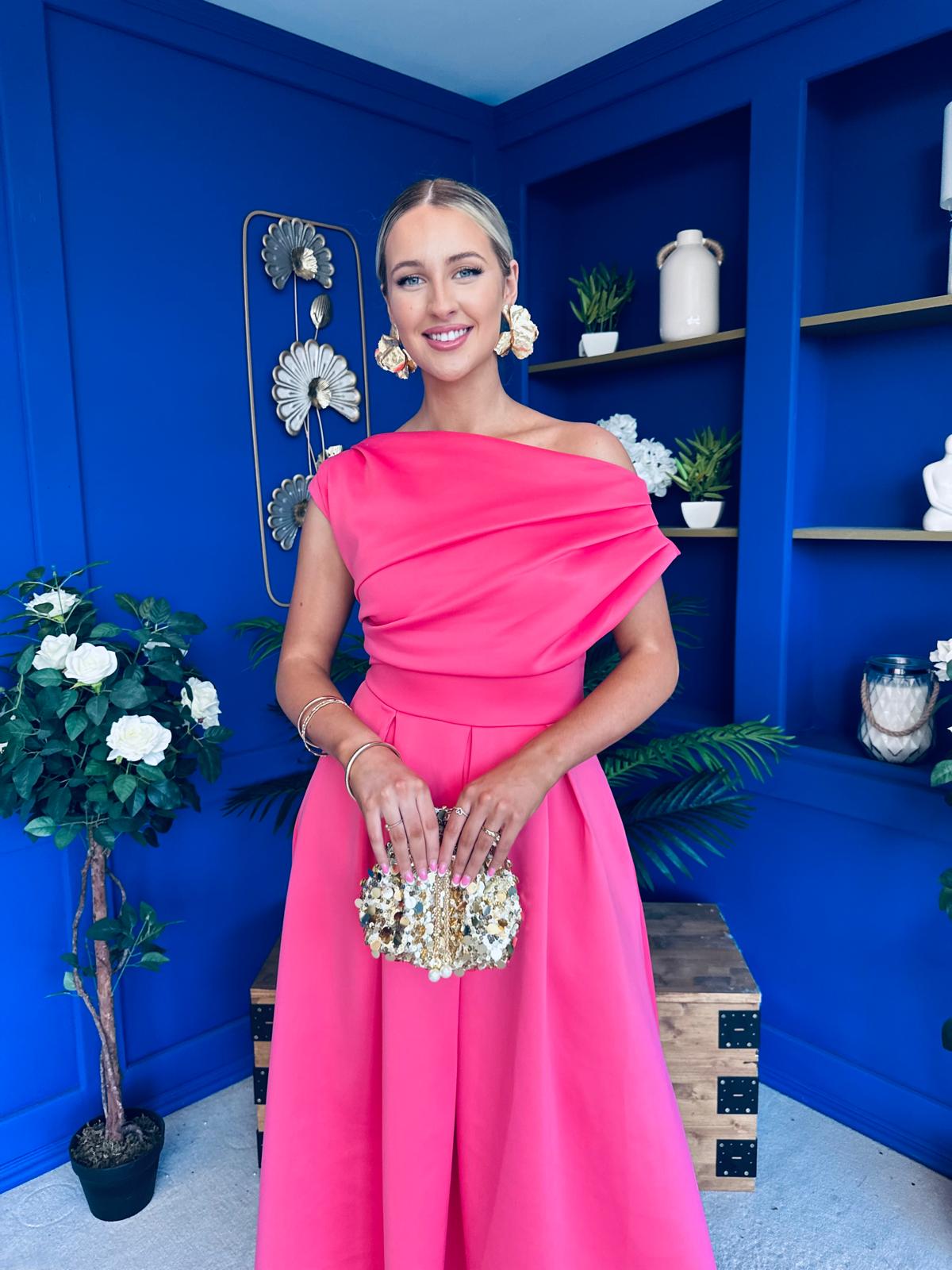 Breffy Asymmetric Neckline Skater Midi Coral