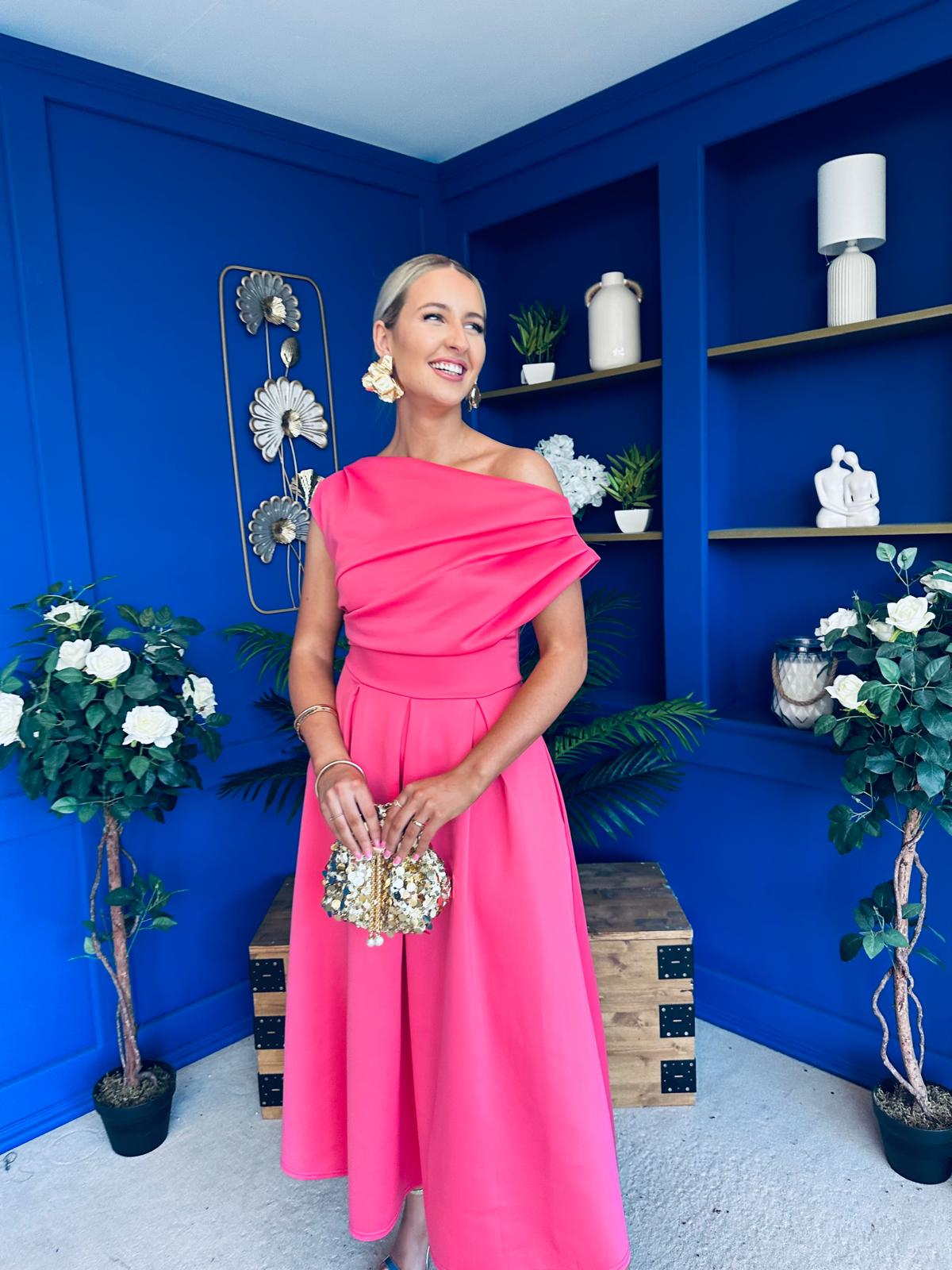 Breffy Asymmetric Neckline Skater Midi Coral