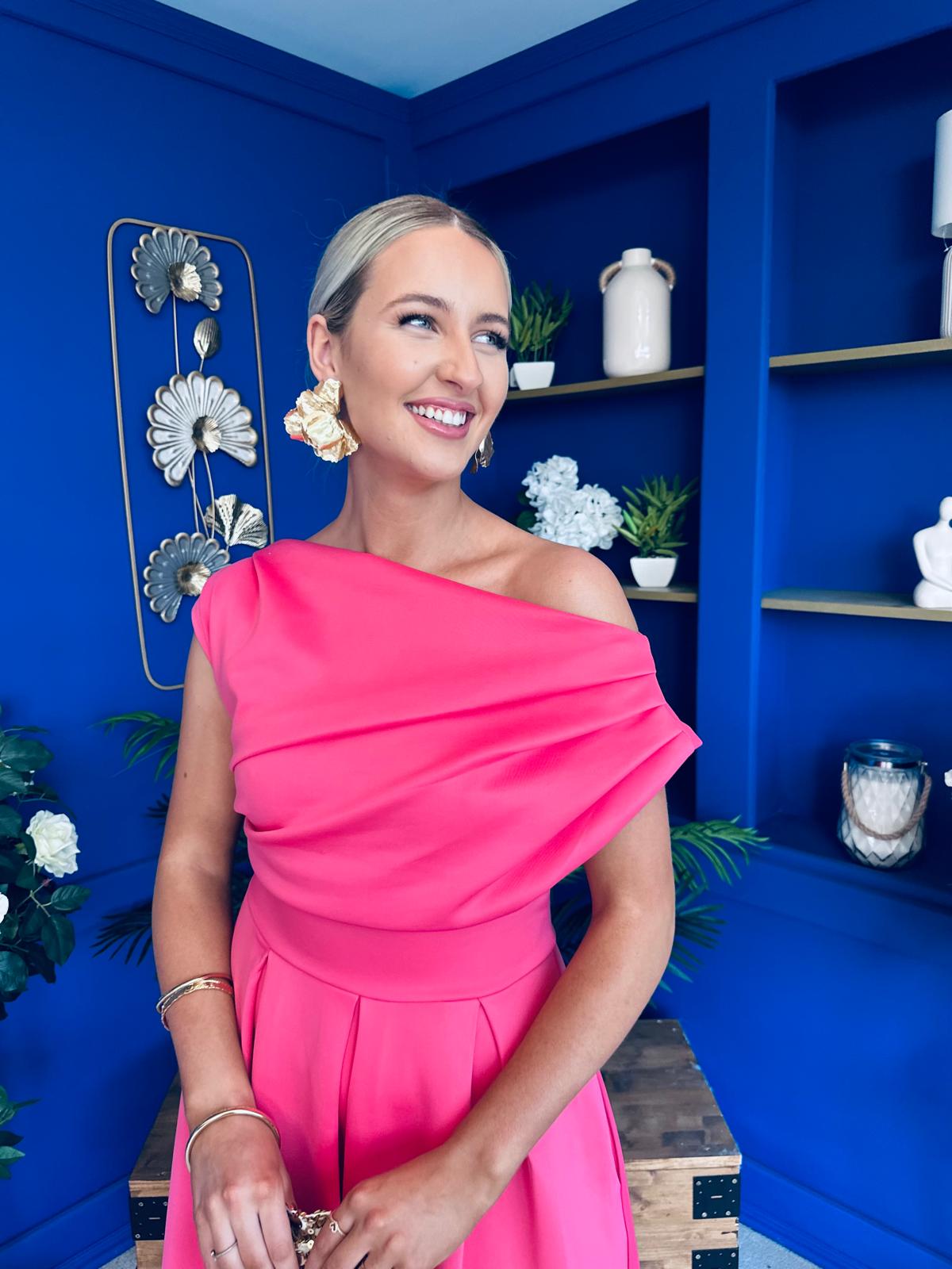 Breffy Asymmetric Neckline Skater Midi Coral