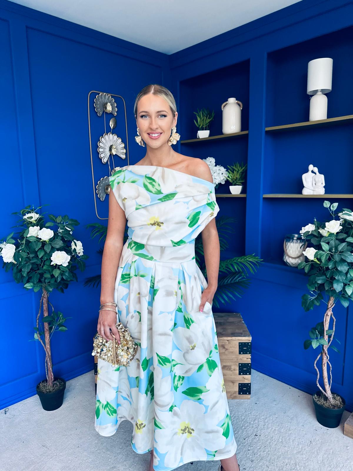 Breffy Asymmetric Neckline Skater Midi Floral Green