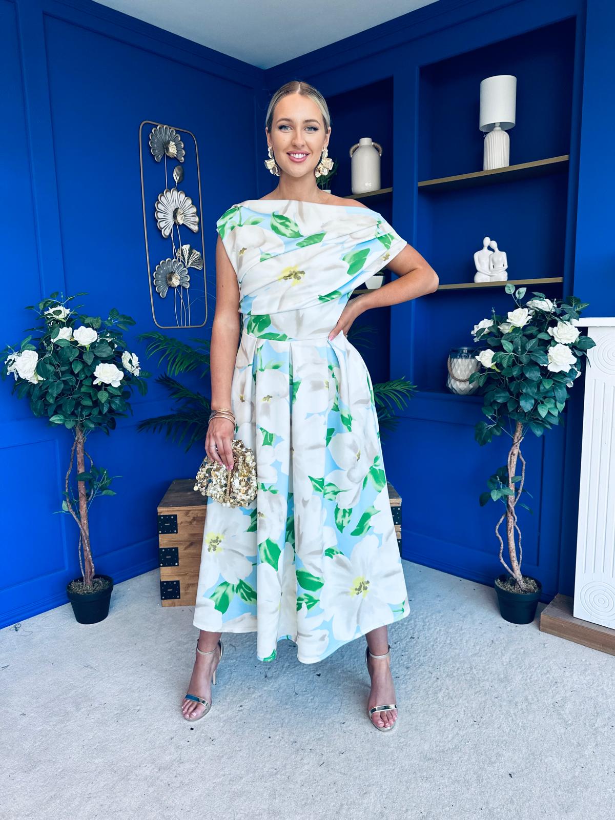 Breffy Asymmetric Neckline Skater Midi Floral Green